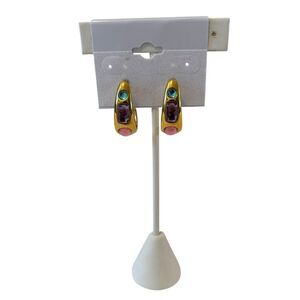 Vintage Trifari Gold Tone Jeweled C-Hoop Earrings w/Blue, Lavender & Pink Stones